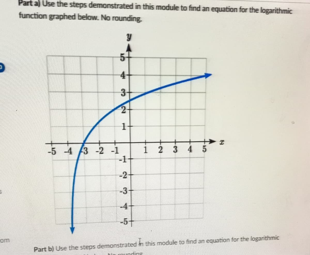 5
om
Part a) Use the steps demonstrated in this module to find an equation for the logarithmic
function graphed below. No rounding.
Y
5+
4-
3-
2-
1
-5 -4 3 -2 -1
-1
-2-
-3-
-4-
-5+
T
unding
+2
+
3 4
5
I
Part b) Use the steps demonstrated in this module to find an equation for the logarithmic