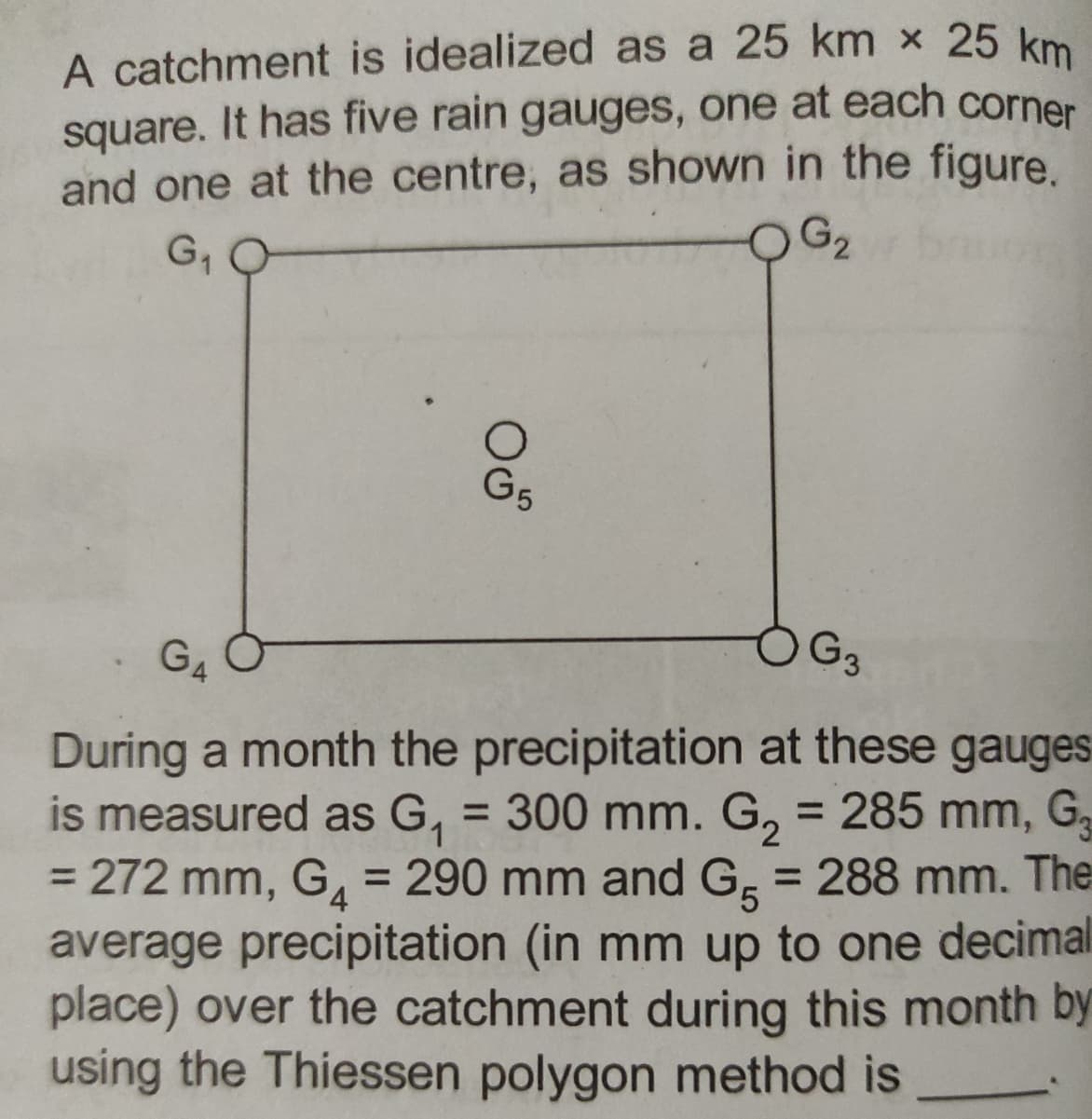 A catchment is idealized as a 25 km × 25 km
square. It has five rain gauges, one at each corner
and one at the centre, as shown in the figure.
G₂
G₁
O
G5
GA
G3
During a month the precipitation at these gauges
is measured as G₁ = 300 mm. G₂ = 285 mm, G₂
= 272 mm, G₂ = 290 mm and G5 = 288 mm. The
average precipitation (in mm up to one decimal
place) over the catchment during this month by
using the Thiessen polygon method is