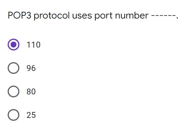 POP3 protocol uses port number
110
96
O 80
25
