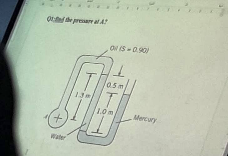 QI:ind the pressure at A?
Oil (S 0.90)
T.
0.5 m
13 m
1.0 m
Mercury
Water
