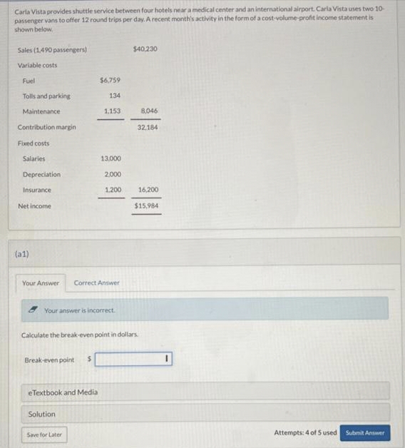 Carla Vista provides shuttle service between four hotels near a medical center and an international airport. Carla Vista uses two 10-
passenger vans to offer 12 round trips per day. A recent month's activity in the form of a cost-volume-profit income statement is
shown below.
Sales (1,490 passengers)
Variable costs
Fuel
Tolls and parking
Maintenance
Contribution margin
Fixed costs
Salaries
Depreciation
Insurance
Net income
(a1)
Break-even point $
$6,759
134
eTextbook and Media
1,153
Your Answer Correct Answer
Solution
13,000
Your answer is incorrect.
Save for Later
2,000
1.200
Calculate the break-even point in dollars.
$40,230
8,046
32.184
16,200
$15,984
I
Attempts: 4 of 5 used
Submit Answer