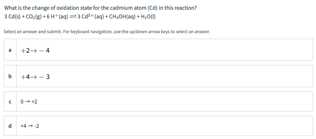 What is the change of oxidation state for the cadmium atom (Cd) in this reaction?
3 Cd(s) + CO2(g) + 6 H+ (aq) =3 Cd²+(aq) + CH3OH(aq) + H2O(l)
Select an answer and submit. For keyboard navigation, use the up/down arrow keys to select an answer.
a
+2→ – 4
b
+4→
3
0 + +2
d
+4 → -2
