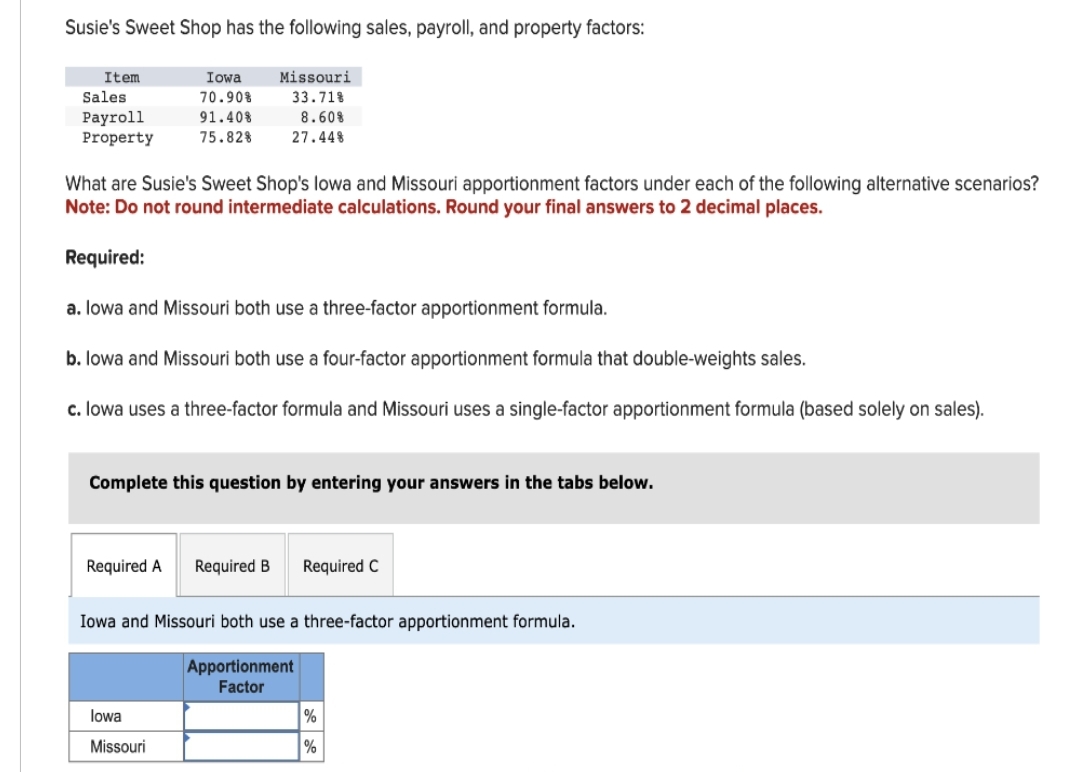 Susie's Sweet Shop has the following sales, payroll, and property factors:
Item
Iowa
Sales
70.90%
Payroll
91.40%
Property 75.82%
Missouri
33.71%
8.60%
27.44%
What are Susie's Sweet Shop's lowa and Missouri apportionment factors under each of the following alternative scenarios?
Note: Do not round intermediate calculations. Round your final answers to 2 decimal places.
Required:
a. lowa and Missouri both use a three-factor apportionment formula.
b. lowa and Missouri both use a four-factor apportionment formula that double-weights sales.
c. lowa uses a three-factor formula and Missouri uses a single-factor apportionment formula (based solely on sales).
Complete this question by entering your answers in the tabs below.
Required A Required B Required C
Iowa and Missouri both use a three-factor apportionment formula.
Apportionment
Factor
lowa
Missouri
%
%