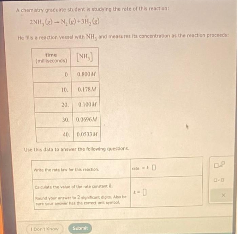 A chemistry graduate student is studying the rate of this reaction:
2NH, (g)-N₂ (g) + 3H₂(g)
He fills a reaction vessel with NH, and measures its concentration as the reaction proceeds:
time
(milliseconds)
0
10.
20.
I Don't Know
[NH,]
0.800 M
0.178 M
0.100M
30. 0.0696M
40. 0.0533 M
Use this data to answer the following questions.
Write the rate law for this reaction.
Calculate the value of the rate constant k
Round your answer to 2 significant digits. Also be
sure your answer has the correct unit symbol,
Submit
rate=0
k =