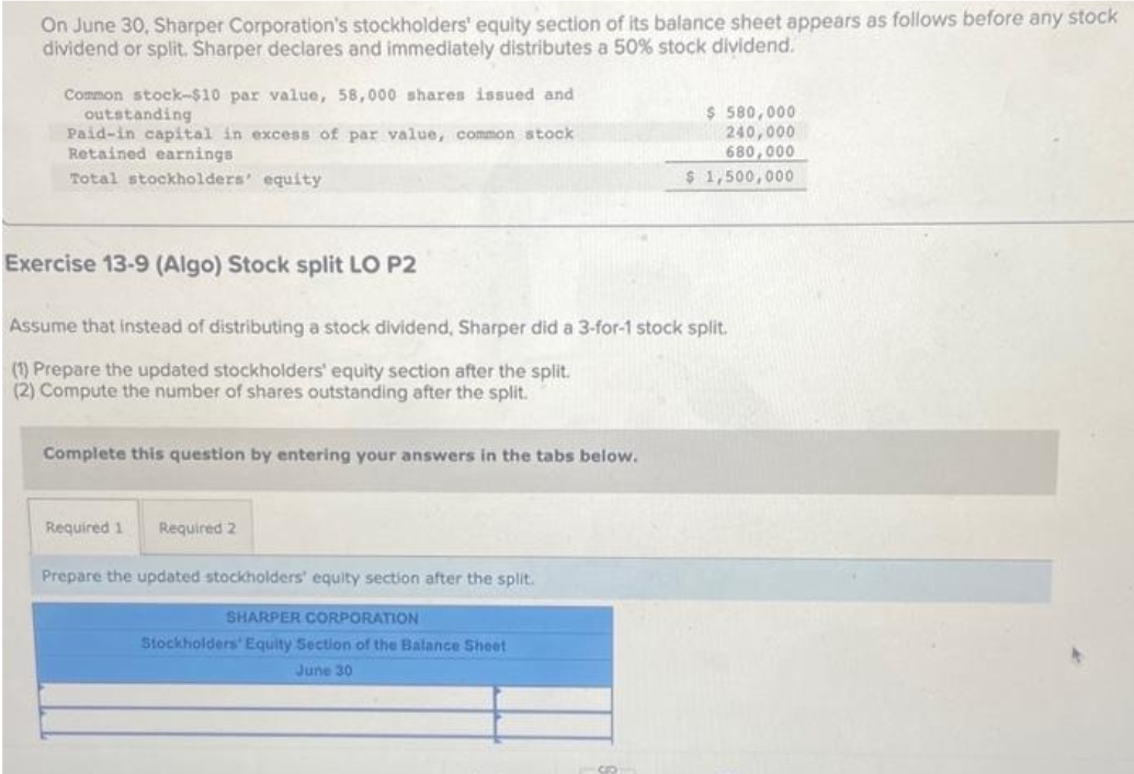 On June 30, Sharper Corporation's stockholders' equity section of its balance sheet appears as follows before any stock
dividend or split. Sharper declares and immediately distributes a 50% stock dividend.
Common stock-$10 par value, 58,000 shares issued and
outstanding
Paid-in capital in excess of par value, common stock
Retained earnings
Total stockholders' equity
Exercise 13-9 (Algo) Stock split LO P2
Assume that instead of distributing a stock dividend, Sharper did a 3-for-1 stock split.
(1) Prepare the updated stockholders' equity section after the split.
(2) Compute the number of shares outstanding after the split.
Complete this question by entering your answers in the tabs below.
Required 1 Required 2
$ 580,000
240,000
680,000
$ 1,500,000
Prepare the updated stockholders' equity section after the split.
SHARPER CORPORATION
Stockholders' Equity Section of the Balance Sheet
June 30