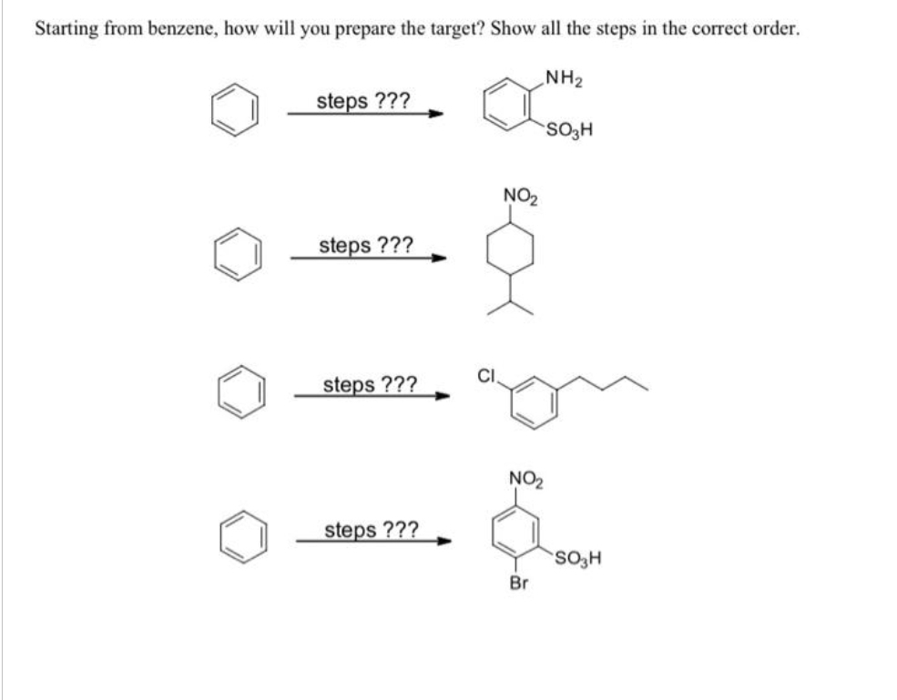 Starting from benzene, how will you prepare the target? Show all the steps in the correct order.
NH₂
steps ???
steps ???
steps ???
steps ???
NO₂
SO3H
NO₂
$
Br
SO3H