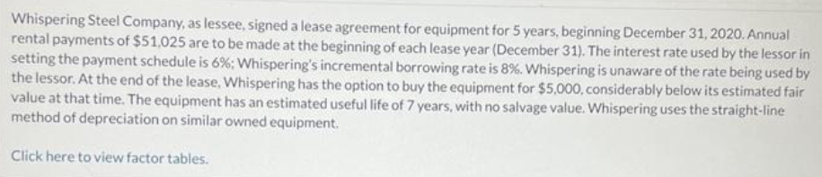 Whispering Steel Company, as lessee, signed a lease agreement for equipment for 5 years, beginning December 31, 2020. Annual
rental payments of $51,025 are to be made at the beginning of each lease year (December 31). The interest rate used by the lessor in
setting the payment schedule is 6%; Whispering's incremental borrowing rate is 8%. Whispering is unaware of the rate being used by
the lessor. At the end of the lease, Whispering has the option to buy the equipment for $5,000, considerably below its estimated fair
value at that time. The equipment has an estimated useful life of 7 years, with no salvage value. Whispering uses the straight-line
method of depreciation on similar owned equipment.
Click here to view factor tables.