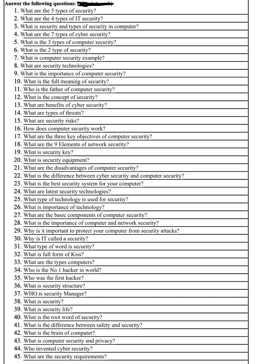 Answer the following questions:
1. What are the 5 types of security?
2. What are the 4 types of IT security?
3. What is security and types of security in computer?
4. What are the 7 types of cyber security?
5. What is the 3 types of computer security?
6. What is the 2 type of security?
7. What is computer security example?
8. What are security technologies?
9. What is the importance of computer security?
10. What is the full meaning of security?
11. Who is the father of computer security?
12. What is the concept of security?
13. What are benefits of cyber security?
14. What are types of threats?
15. What are security risks?
16. How does computer security work?
17. What are the three key objectives of computer security?
18. What are the 9 Elements of network security?
19. What is security key?
20. What is security equipment?
21. What are the disadvantages of computer security?
22. What is the difference between cyber security and computer security?
23. What is the best security system for your computer?
24. What are latest security technologies?
25. What type of technology is used for security?
26. What is importance of technology?
27. What are the basic components of computer security?
28. What is the importance of computer and network security?
29. Why is it important to protect your computer from security attacks?
30. Why is IT called a security?
31. What type of word is security?
32. What is full form of Kiss?
33. What are the types computers?
34. Who is the No 1 hacker in world?
35. Who was the first hacker?
36. What is security structure?
37. WHO is security Manager?
38. What is security?
39. What is security life?
40. What is the root word of security?
41. What is the difference between safety and security?
42. What is the brain of computer?
43. What is computer security and privacy?
44. Who invented cyber security?
45. What are the security requirements?