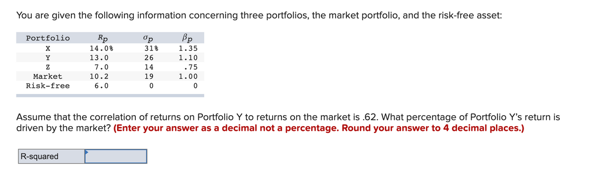 You are given the following information concerning three portfolios, the market portfolio, and the risk-free asset:
Portfolio
Rp
op
Bp
X
14.0%
1.35
31%
26
Y
13.0
1.10
.75
Z
7.0
14
Market
10.2
19
1.00
Risk-free
6.0
0
0
Assume that the correlation of returns on Portfolio Y to returns on the market is .62. What percentage of Portfolio Y's return is
driven by the market? (Enter your answer as a decimal not a percentage. Round your answer to 4 decimal places.)
R-squared