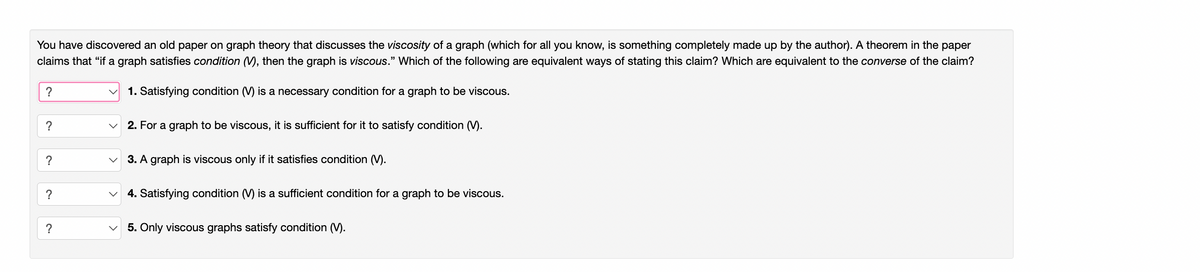 You have discovered an old paper on graph theory that discusses the viscosity of a graph (which for all you know, is something completely made up by the author). A theorem in the paper
claims that "if a graph satisfies condition (V), then the graph is viscous." Which of the following are equivalent ways of stating this claim? Which are equivalent to the converse of the claim?
1. Satisfying condition (V) is a necessary condition for a graph to be viscous.
?
?
?
?
?
2. For a graph to be viscous, it is sufficient for it to satisfy condition (V).
3. A graph is viscous only if it satisfies condition (V).
4. Satisfying condition (V) is a sufficient condition for a graph to be viscous.
5. Only viscous graphs satisfy condition (V).