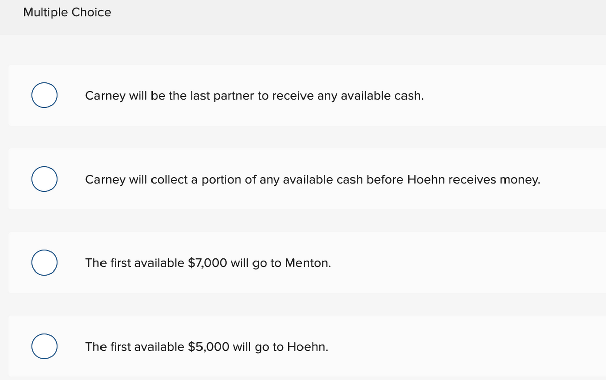 Multiple Choice
O
O
Carney will be the last partner to receive any available cash.
Carney will collect a portion of any available cash before Hoehn receives money.
The first available $7,000 will go to Menton.
The first available $5,000 will go to Hoehn.