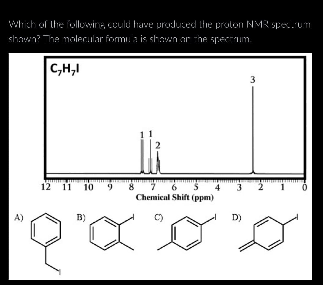 Which of the following could have produced the proton NMR spectrum
shown? The molecular formula is shown on the spectrum.
C₂H₂I
2
12 11
10
B)
5
7
Chemical Shift (ppm)
D)
3
2