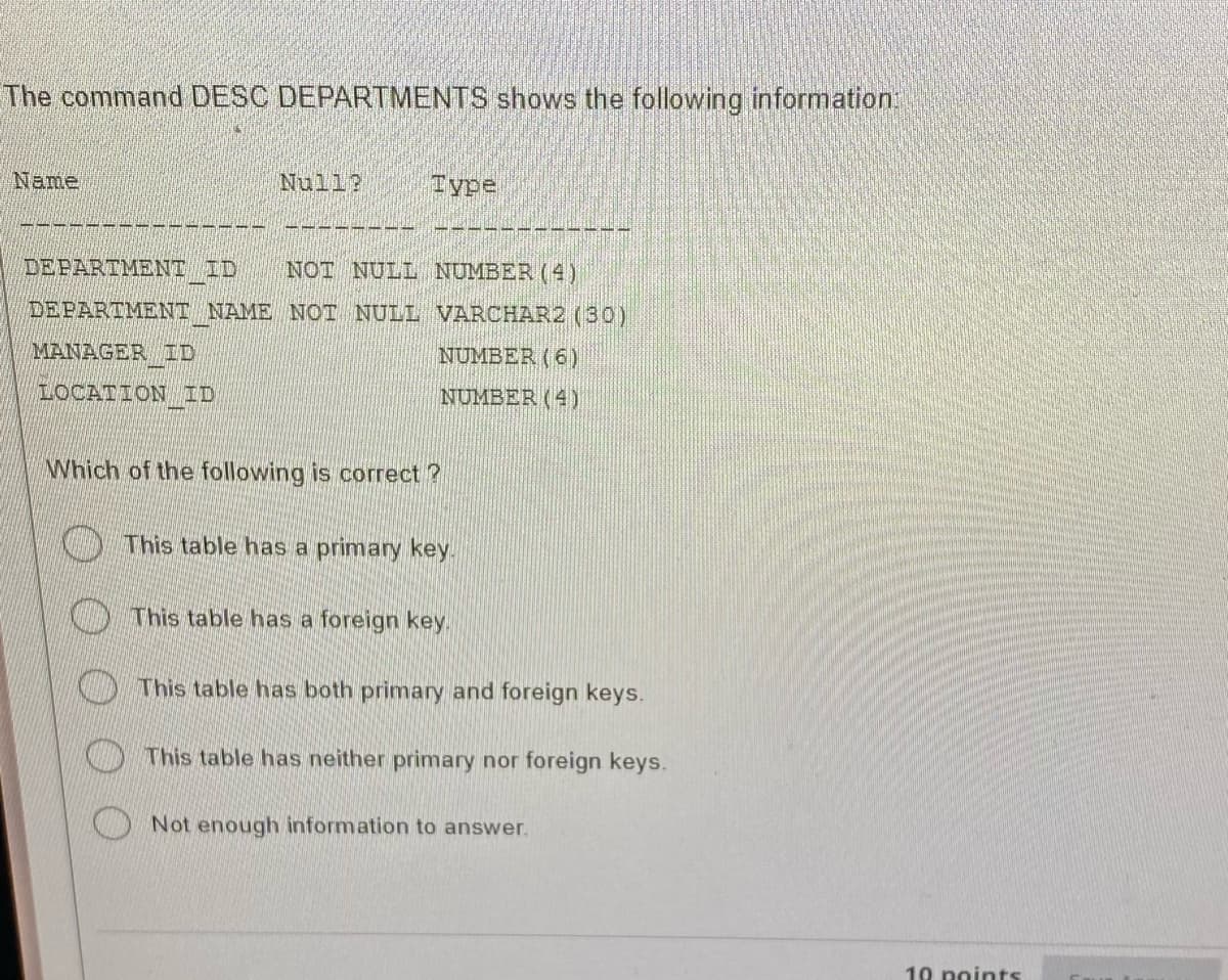 The command DESC DEPARTMENTS shows the following information
Name
Null?
Туре
DEPARTMENT_ID
NOT NULL NUMBER (4)
DEPARTMENT NAME NOT NULL VARCHAR2 (30)
MANAGER ID
NUMBER (6)
LOCATION_ID
NUMBER (4)
Which of the following is correct
This table has a primary key.
This table has a foreign key.
This table has both primary and foreign keys.
This table has neither primary nor foreign keys.
Not enough information to answer.
10 points