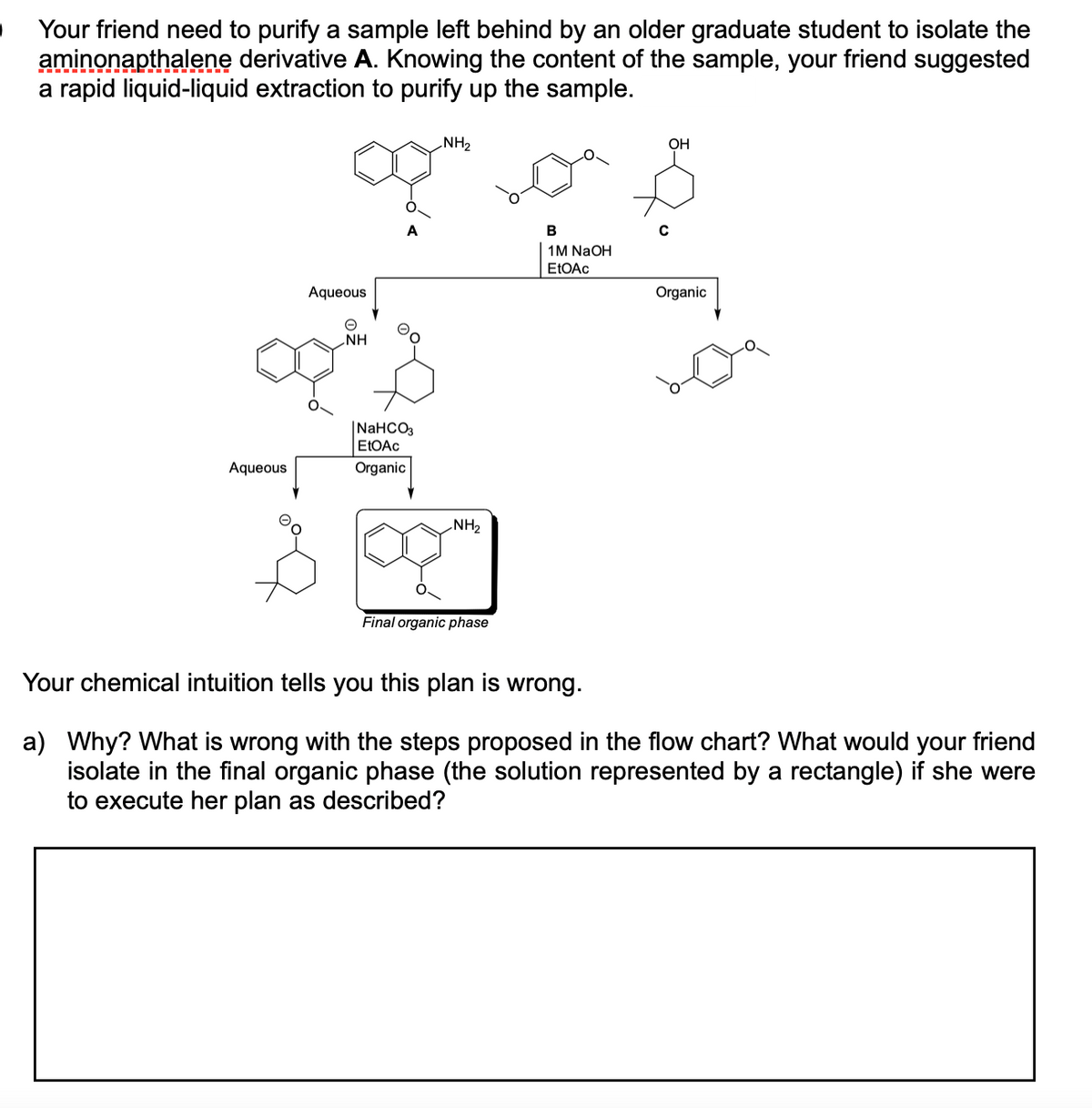 Your friend need to purify a sample left behind by an older graduate student to isolate the
aminonapthalene derivative A. Knowing the content of the sample, your friend suggested
a rapid liquid-liquid extraction to purify up the sample.
NH2
OH
1M NaOH
ELOAC
Aqueous
Organic
NH
|NaHCO3
ELOAC
Aqueous
Organic
NH2
Final organic phase
Your chemical intuition tells you this plan is wrong.
a) Why? What is wrong with the steps proposed in the flow chart? What would your friend
isolate in the final organic phase (the solution represented by a rectangle) if she were
to execute her plan as described?
