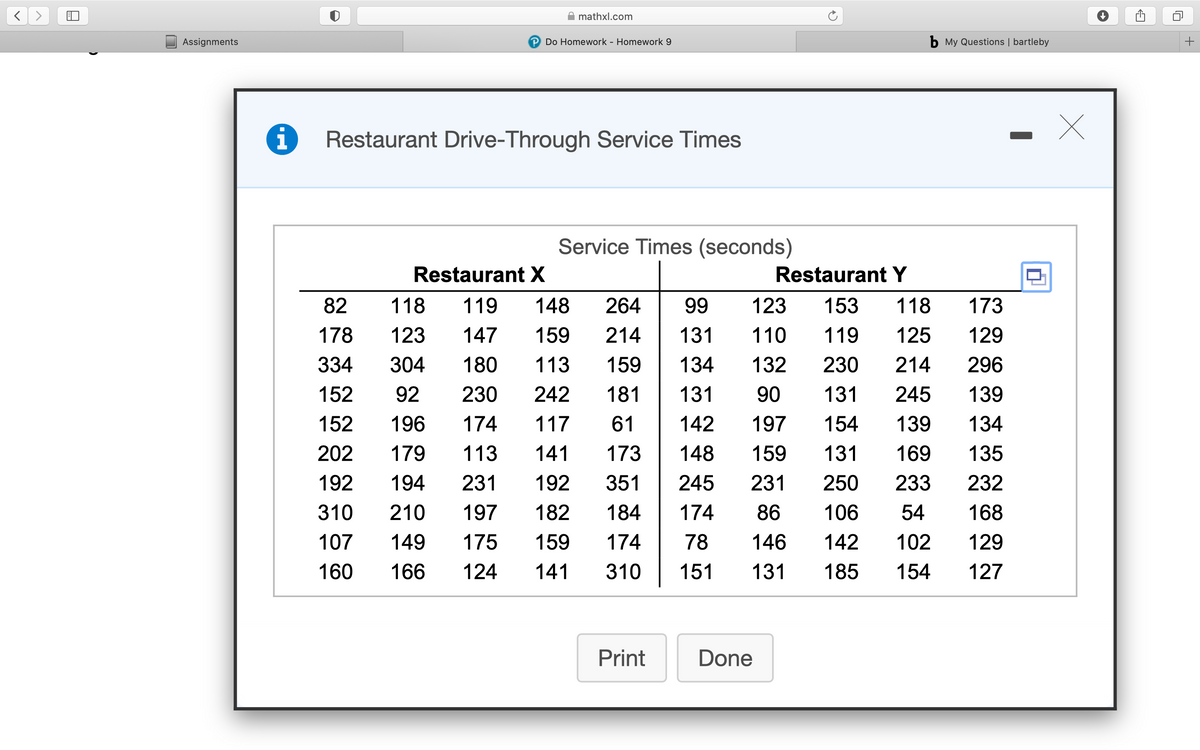 mathxl.com
Assignments
P Do Homework - Homework 9
b My Questions | bartleby
Restaurant Drive-Through Service Times
Service Times (seconds)
Restaurant X
Restaurant Y
82
118
119
148
264
99
123
153
118
173
178
123
147
159
214
131
110
119
125
129
334
304
180
113
159
134
132
230
214
296
152
92
230
242
181
131
90
131
245
139
152
196
174
117
61
142
197
154
139
134
202
179
113
141
173
148
159
131
169
135
192
194
231
192
351
245
231
250
233
232
310
210
197
182
184
174
86
106
54
168
107
149
175
159
174
78
146
142
102
129
160
166
124
141
310
151
131
185
154
127
Print
Done
