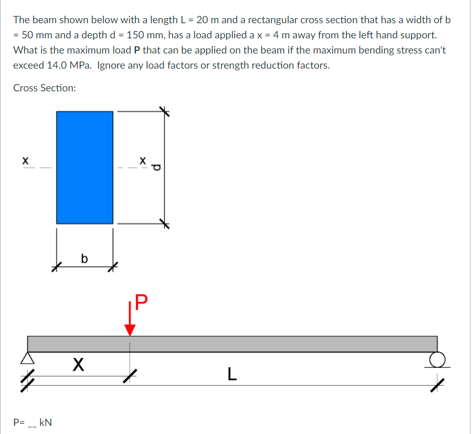 The beam shown below with a length L = 20 m and a rectangular cross section that has a width of b
%3D
= 50 mm and a depth d = 150 mm, has a load applied a x = 4 m away from the left hand support.
What is the maximum load P that can be applied on the beam if the maximum bending stress can't
exceed 14.0 MPa. Ignore any load factors or strength reduction factors.
Cross Section:
b
L
P= _ kN
p
