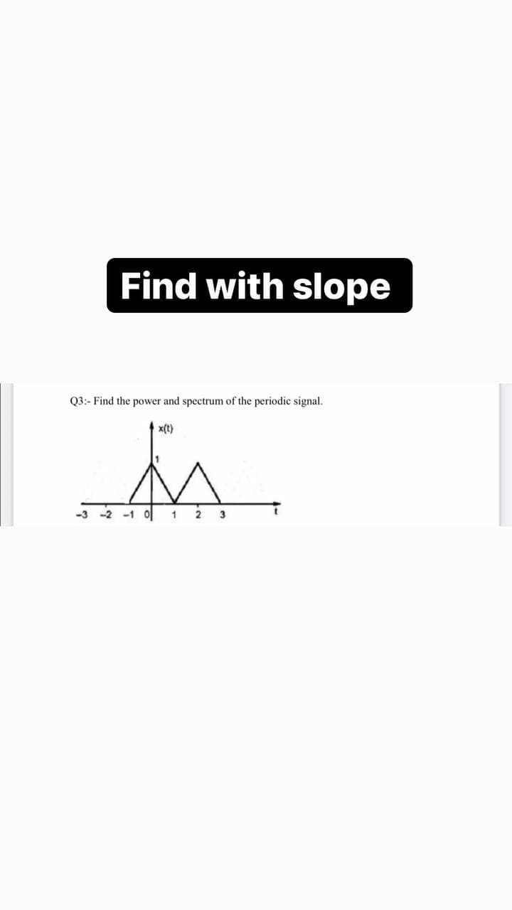 Find with slope
Q3:- Find the power and spectrum of the periodic signal.
x(t)
-3 -2 -1 0|
1
2.
3
