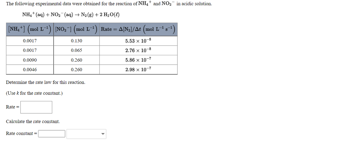 The following experimental data were obtained for the reaction of NH4+ and NO2¯ in acidic solution.
NH4+ (aq) + NO2 (aq) → N2(g) +2 H2O(4)
[NH, *] (mol L-) NO,¯] (mol L-) Rate = A[N2]/At (mol L-1s-1)
0.0017
0.130
5.53 x 10-8
0.0017
0.065
2.76 x 10-8
0.0090
0.260
5.86 x 10-7
0.0046
0.260
2.98 x 10-7
Determine the rate law for this reaction.
(Use k for the rate constant.)
Rate =
Calculate the rate constant.
Rate constant =
