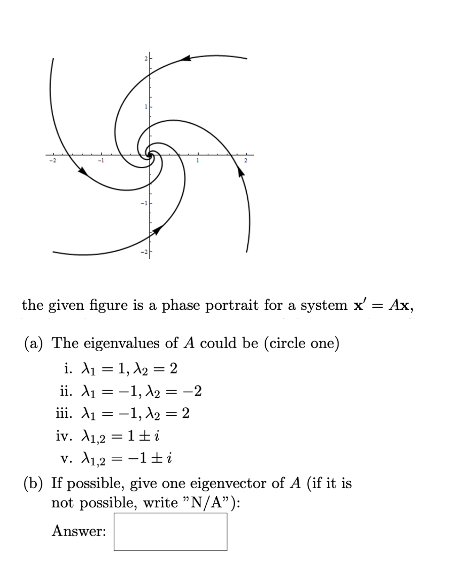 the given figure is a phase portrait for a system x' = Ax,
(a) The eigenvalues of A could be (circle one)
i. A1 = 1, A2 = 2
ii. A1 = -1, A2 = -2
iii. A1 = -1, A2 = 2
iv. A1,2 = 1+i
v. A1,2 = -1±i
(b) If possible, give one eigenvector of A (if it is
not possible, write "N/A"):
%3D
Answer:
