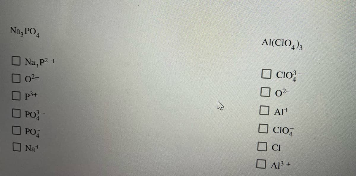 Na, PO₁
Na, p2 +
0²-
p³+
PO3-
PO
ONa+
4
AI(CIO4)3
☐CIO³-
0²-
☐AI+
C104
CIT
Al³+