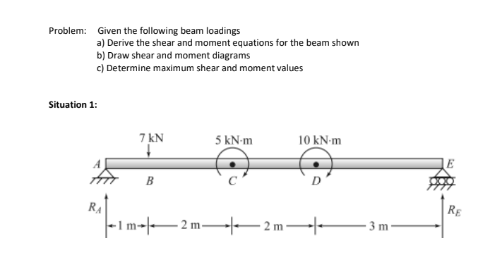 Problem: Given the following beam loadings
a) Derive the shear and moment equations for the beam shown
b) Draw shear and moment diagrams
c) Determine maximum shear and moment values
Situation 1:
7 kN
5 kN-m
10 kN m
E
D
B
RE
RA
-1m-|-–2 m-
- 2 m
-
3 m
