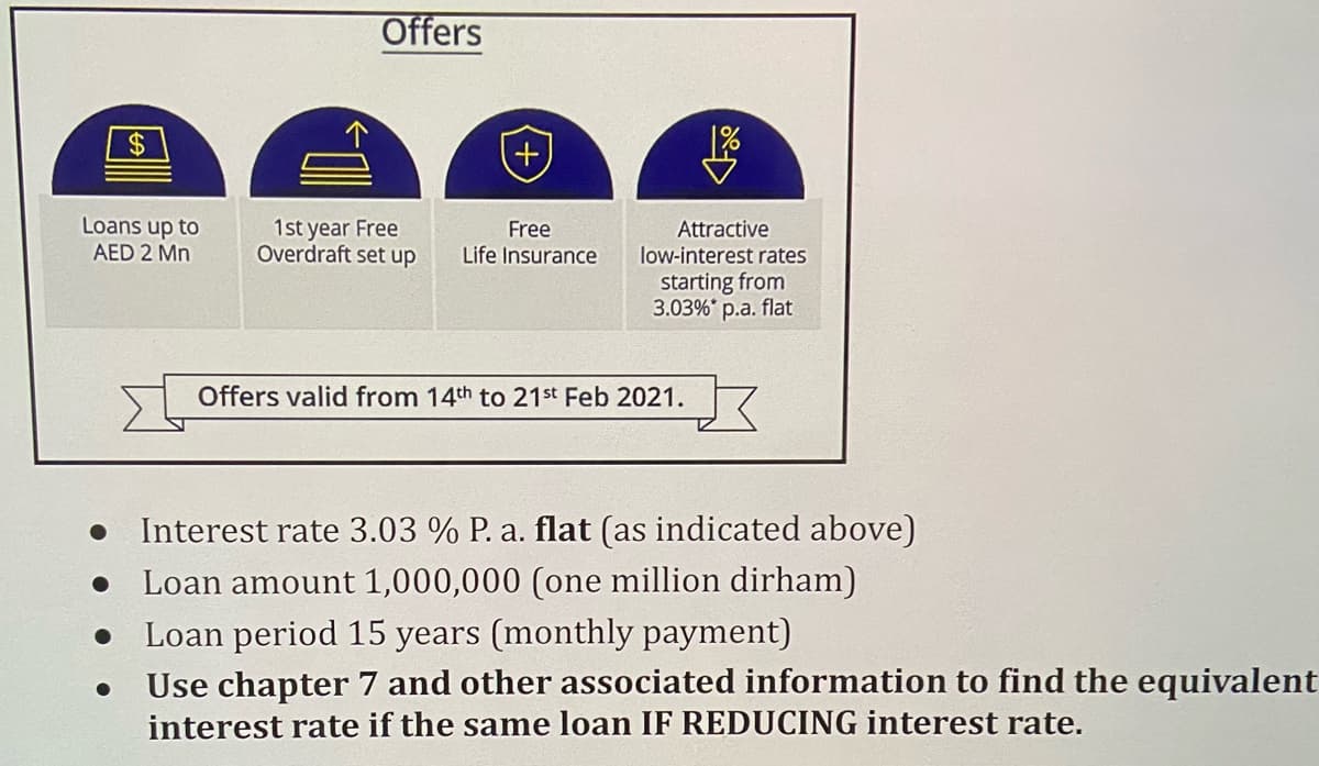 Offers
2$
+,
Loans up to
1st year Free
Overdraft set up
Free
Attractive
low-interest rates
AED 2 Mn
Life Insurance
starting from
3.03% p.a. flat
Offers valid from 14th to 21st Feb 2021.
Interest rate 3.03 % P. a. flat (as indicated above)
Loan amount 1,000,000 (one million dirham)
Loan period 15 years (monthly payment)
Use chapter 7 and other associated information to find the equivalent
interest rate if the same loan IF REDUCING interest rate.
