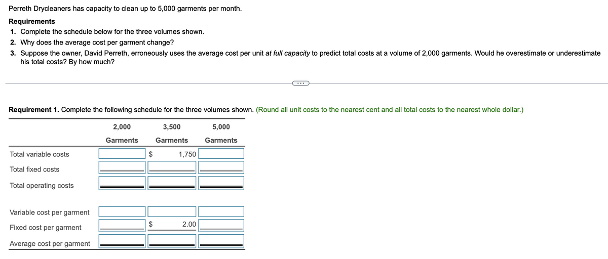 Perreth Drycleaners has capacity to clean up to 5,000 garments per month.
Requirements
1. Complete the schedule below for the three volumes shown.
2. Why does the average cost per garment change?
3. Suppose the owner, David Perreth, erroneously uses the average cost per unit at full capacity to predict total costs at a volume of 2,000 garments. Would he overestimate or underestimate
his total costs? By how much?
Requirement 1. Complete the following schedule for the three volumes shown. (Round all unit costs to the nearest cent and all total costs to the nearest whole dollar.)
2,000
3,500
5,000
Garments
Garments
Garments
Total variable costs
Total fixed costs
Total operating costs
Variable cost per garment
Fixed cost per garment
Average cost per garment
$
1,750
2.00