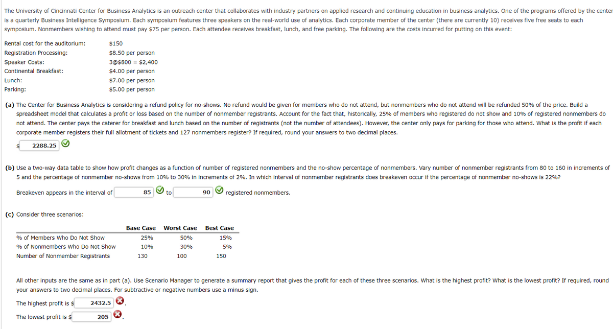 The University of Cincinnati Center for Business Analytics is an outreach center that collaborates with industry partners on applied research and continuing education in business analytics. One of the programs offered by the center
is a quarterly Business Intelligence Symposium. Each symposium features three speakers on the real-world use of analytics. Each corporate member of the center (there are currently 10) receives five free seats to each
symposium. Nonmembers wishing to attend must pay $75 per person. Each attendee receives breakfast, lunch, and free parking. The following are the costs incurred for putting on this event:
Rental cost for the auditorium:
Registration Processing:
Speaker Costs:
Continental Breakfast:
Lunch:
Parking:
(a) The Center for Business Analytics is considering a refund policy for no-shows. No refund would be given for members who do not attend, but nonmembers who do not attend will be refunded 50% of the price. Build a
spreadsheet model that calculates a profit or loss based on the number of nonmember registrants. Account for the fact that, historically, 25% of members who registered do not show and 10% of registered nonmembers do
not attend. The center pays the caterer for breakfast and lunch based on the number of registrants (not the number of attendees). However, the center only pays for parking for those who attend. What is the profit if each
corporate member registers their full allotment of tickets and 127 nonmembers register? If required, round your answers to two decimal places.
$
2288.25
$150
$8.50 per person
3@$800 = $2,400
$4.00 per person
$7.00 per person
$5.00 per person
(b) Use a two-way data table to show how profit changes as a function of number of registered nonmembers and the no-show percentage of nonmembers. Vary number of nonmember registrants from 80 to 160 in increments of
5 and the percentage of nonmember no-shows from 10% to 30% in increments of 2%. In which interval of nonmember registrants does breakeven occur if the percentage of nonmember no-shows is 22%?
Breakeven appears in the interval of
85
(c) Consider three scenarios:
% of Members Who Do Not Show
% of Nonmembers Who Do Not Show
Number of Nonmember Registrants
205
Base Case
25%
10%
X
130
to
Worst Case
50%
30%
100
90
registered nonmembers.
Best Case
15%
5%
All other inputs are the same as in part (a). Use Scenario Manager to generate a summary report that gives the profit for each of these three scenarios. What is the highest profit? What is the lowest profit? If required, round
your answers to two decimal places. For subtractive or negative numbers use a minus sign.
The highest profit is $
2432.5
The lowest profit is $
150