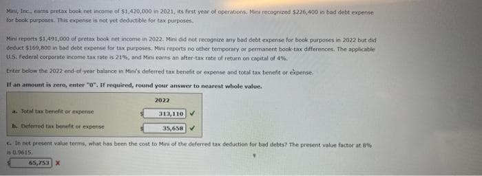 Mini, Inc., earns pretax book net income of $1,420,000 in 2021, its first year of operations. Mini recognized $226,400 in bad debt expense
for book purposes. This expense is not yet deductible for tax purposes.
Mini reports $1,491,000 of pretax book net income in 2022. Mini did not recognize any bad debt expense for book purposes in 2022 but did
deduct $169,800 in bad debt expense for tax purposes. Mini reports no other temporary or permanent book-tax differences. The applicable
U.S. Federal corporate income tax rate is 21%, and Mini earns an after-tax rate of return on capital of 4%.
Enter below the 2022 end-of-year balance in Mini's deferred tax benefit or expense and total tax benefit or expense.
If an amount is zero, enter "0". If required, round your answer to nearest whole value.
2022
a. Total tax benefit or expense
h. Deferred tax benefit or expense
c. In net present value terms, what has been the cost to Mini of the deferred tax deduction for bad debts? The present value factor at 8%
is 0.9615.
65,753 X
313,110
35,658