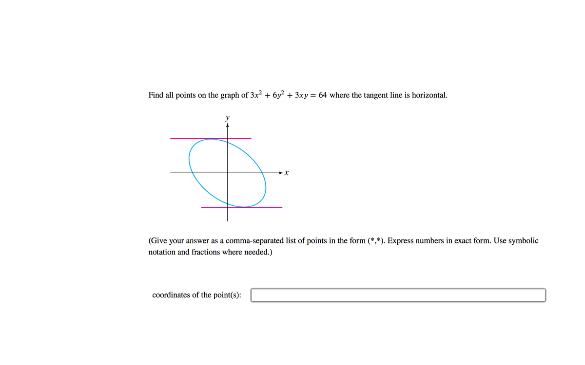 Find all points on the graph of 3x² + 6y² + 3xy = 64 where the tangent line is horizontal.
y
X.
(Give your answer as a comma-separated list of points in the form (*,*). Express numbers in exact form. Use symbolic
notation and fractions where needed.)
coordinates of the point(s):
