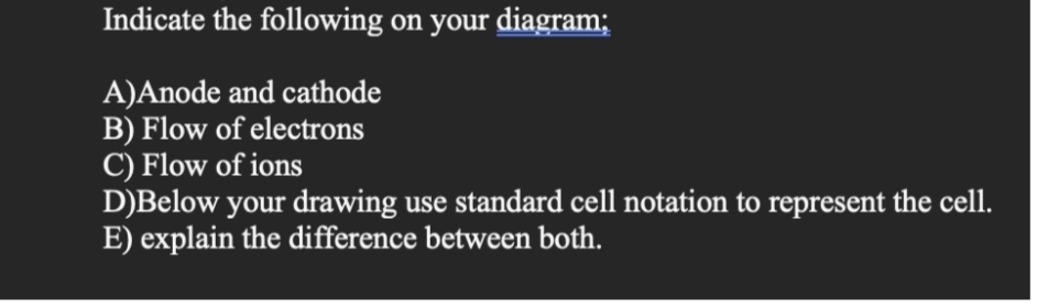 Indicate the following on your diagram;
A)Anode and cathode
B) Flow of electrons
C) Flow of ions
D)Below your drawing use standard cell notation to represent the cell.
E) explain the difference between both.