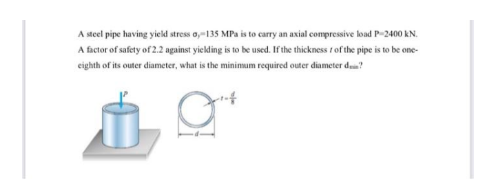 A steel pipe having yield stress o,-135 MPa is to carry an axial compressive load P-2400 kN.
A factor of safety of 2.2 against yielding is to be used. If the thickness t of the pipe is to be one-
eighth of its outer diameter, what is the minimum required outer diameter damin?
