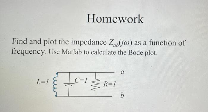 Homework
Find and plot the impedance Z,asj@) as a function of
frequency. Use Matlab to calculate the Bode plot.
a
L=1
C=1
R=1
