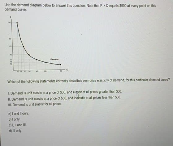 Use the demand diagram below to answer this question. Note that P x Q equals $900 at every point on this
demand curve.
...
45
30
20
15
10
10 15 20 30
Demand
Q
Which of the following statements correctly describes own-price elasticity of demand, for this particular demand curve?
1. Demand is unit elastic at a price of $30, and elastic at all prices greater than $30.
II. Demand is unit elastic at a price of $30, and inelastic at all prices less than $30.
III. Demand is unit elastic for all prices.
a) I and II only.
b) I only.
c) I, II and III.
d) Ill only.