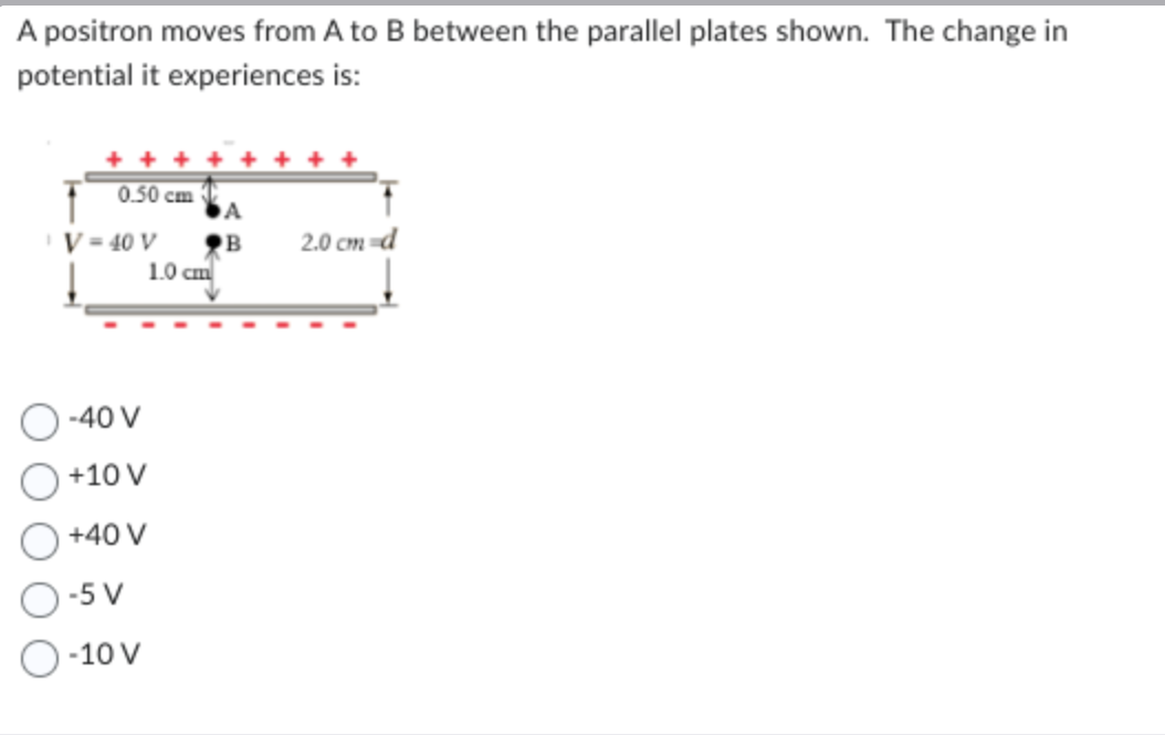 A positron moves from A to B between the parallel plates shown. The change in
potential it experiences is:
0.50 cm
V = 40 V
-40 V
+10 V
+40 V
-5 V
-10 V
1.0 cm
B
2.0 cm d