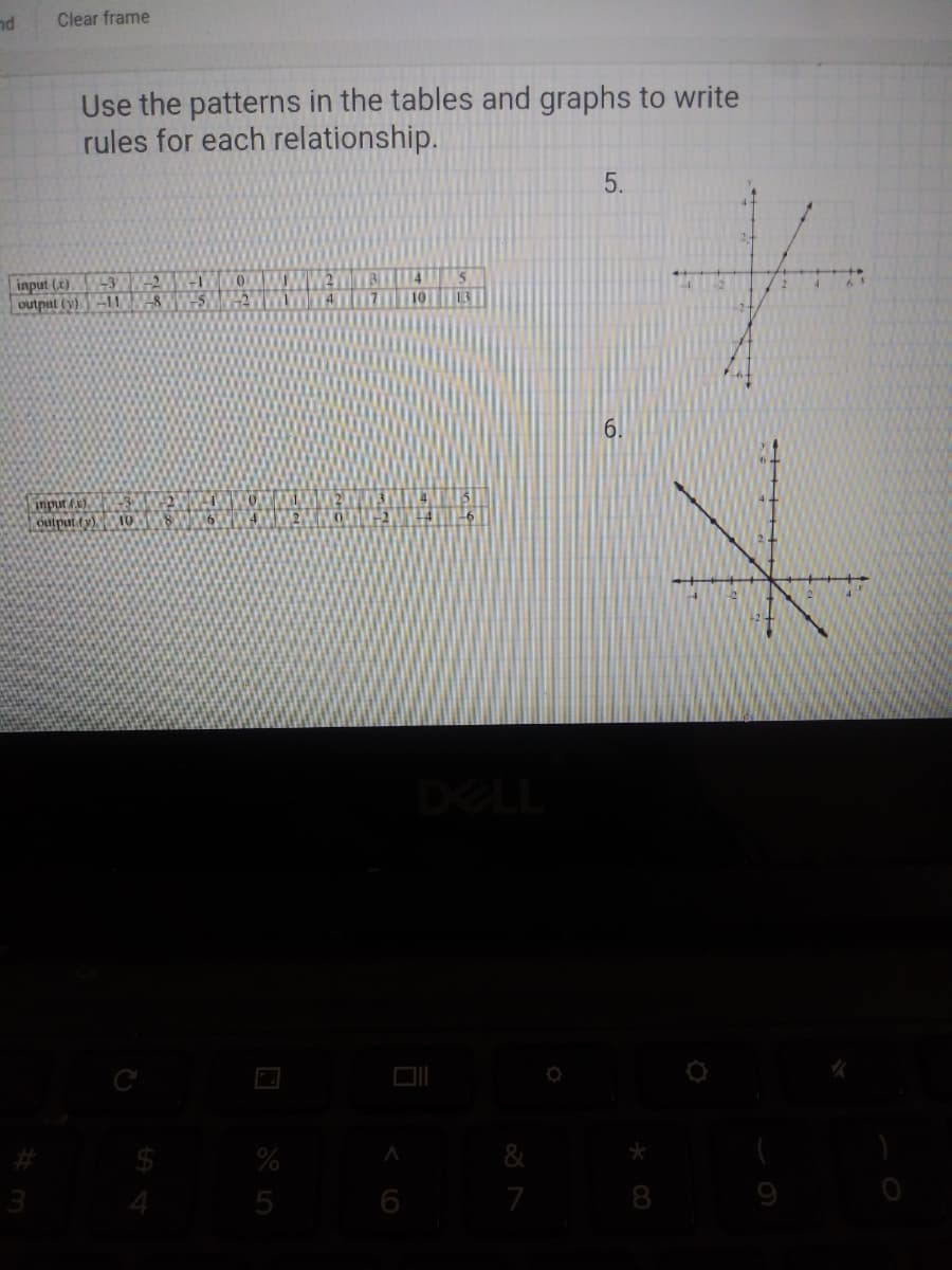 Clear frame
Use the patterns in the tables and graphs to write
rules for each relationship.
5.
-2
input (t)
outpat (v). -1
-3
1-
6.
impur (x).
DELL
4.
5
6
7
8
9
