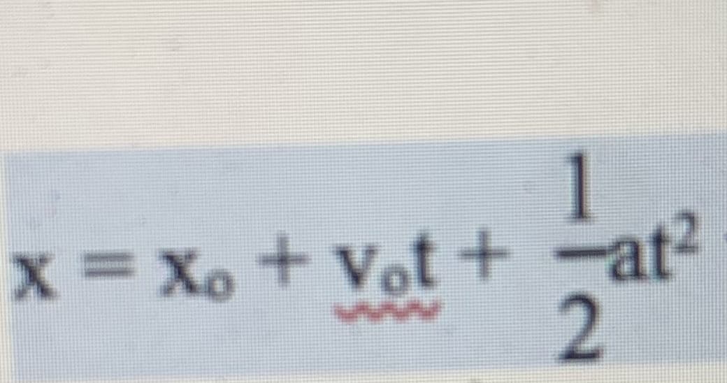 The image shows the equation for the position as a function of time for uniformly accelerated motion:

\[ x = x_0 + v_0 t + \frac{1}{2} a t^2 \]

**Explanation:**

- \( x \) is the final position.
- \( x_0 \) is the initial position.
- \( v_0 \) is the initial velocity.
- \( t \) is the time.
- \( a \) is the acceleration.
- The term \( \frac{1}{2} a t^2 \) accounts for the change in position due to acceleration over time. 

This equation is commonly used in physics to calculate the position of an object moving in a straight line with constant acceleration.