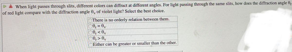 When light passes through slits, different colors can diffract at different angles. For light passing through the same slits, how does the diffraction angle 0,
of red light compare with the diffraction angle 0, of violet light? Select the best choice.
There is no orderly relation between them.
0, = ,
0, < 0,
0, > 0,
Either can be greater or smaller than the other.
