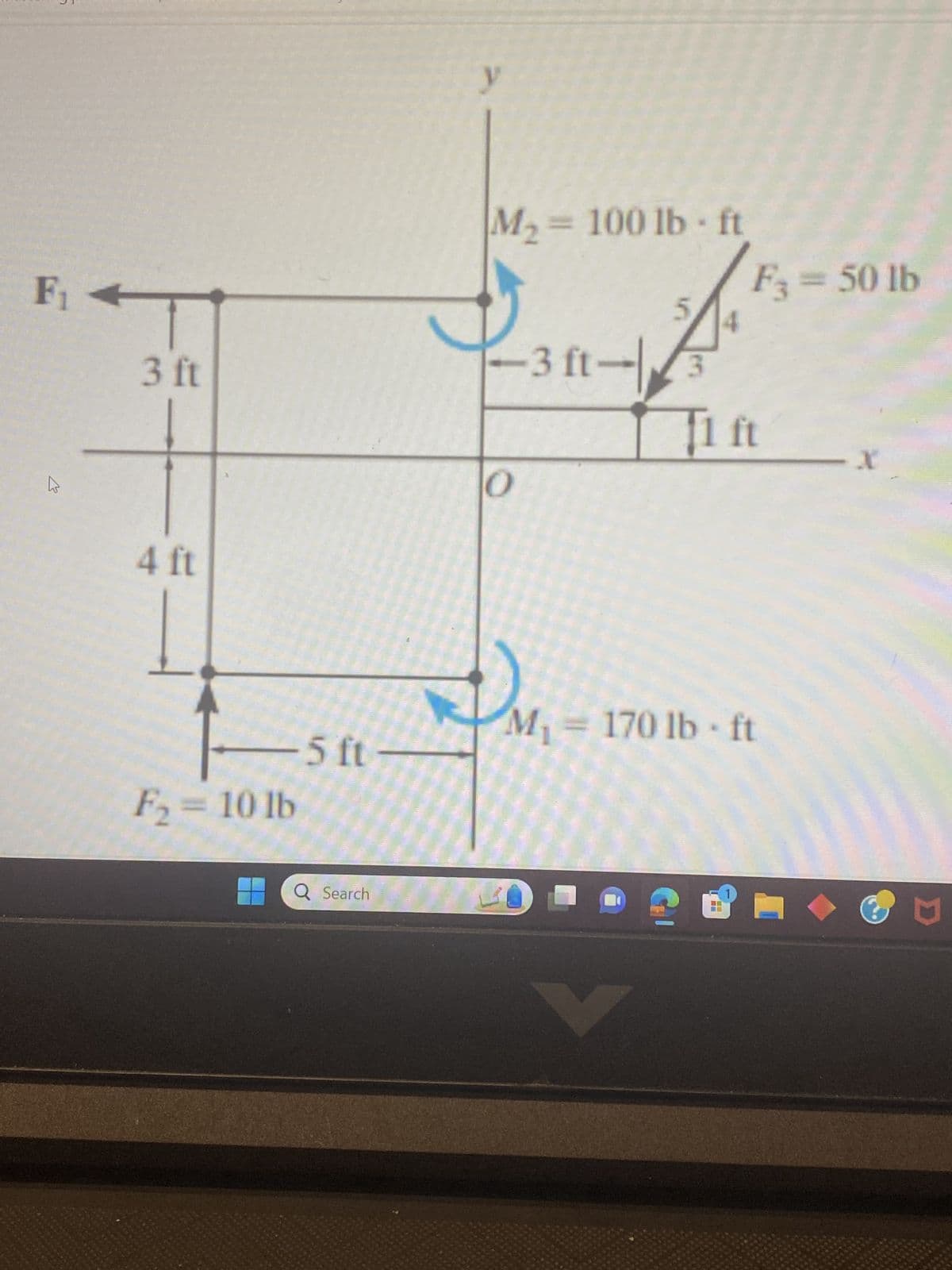 F₁
K
3 ft
4 ft
1
-5 ft
F₂=10 lb
Q Search
y
M₂= 100 lb-ft
31
0
D
5
3 ft-3
V
F3 = 50 lb
11 ft
M₁ = 170 lb-ft
X
M