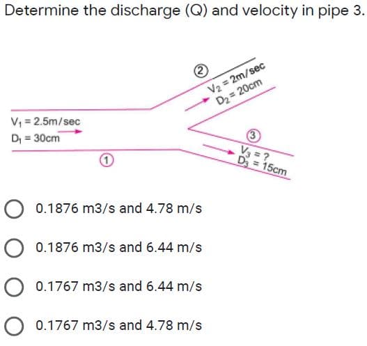 Determine the discharge (Q) and velocity in pipe 3.
V2 = 2m/sec
D2 = 20cm
V, = 2.5m/sec
30cm
D; =
3
V3 = ?
D = 15cm
O 0.1876 m3/s and 4.78 m/s
O 0.1876 m3/s and 6.44 m/s
O 0.1767 m3/s and 6.44 m/s
O 0.1767 m3/s and 4.78 m/s
