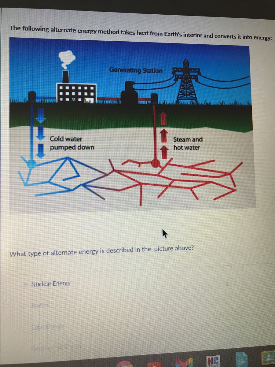 The following alternate energy method takes heat from Earth's interior and converts it into energy:
Generating Station
Cold water
Steam and
pumped down
hot water
What type of alternate energy is described in the picture above?
Nuclear Energy
Biofuel
Solar Energy
Geotherm Erer
NC
TEST
