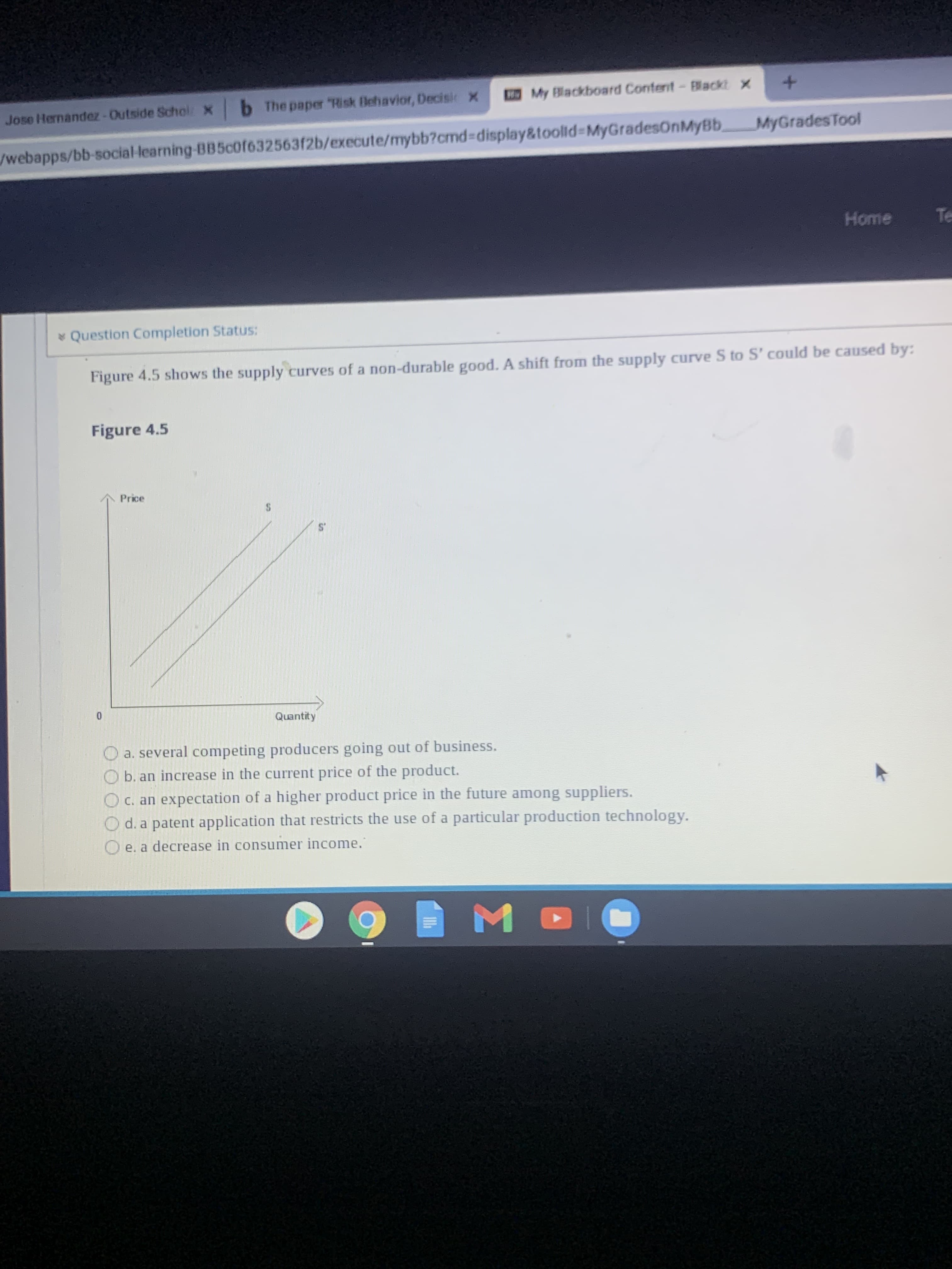 Figure 4.5 shows the supply curves of a non-durable good. A shift from the supply curve S to S' could be caused by:
Figure 4.5
Price
Quantity
a. several competing producers going out of business.
b. an increase in the current price of the product.
c. an expectation of a higher product price in the future among suppliers.
d. a patent application that restricts the use of a particular production technology.
e. a decrease in consumer income."
is
