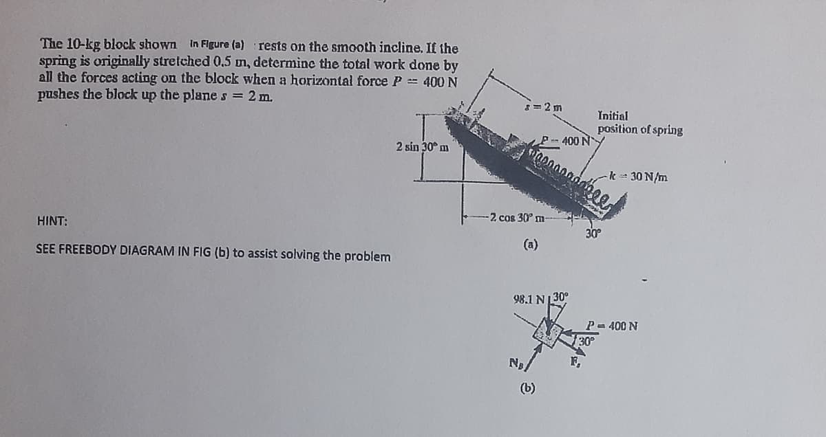 The 10-kg block shown in Figure (a) rests on the smooth incline. If the
spring is originally stretched 0.5 m, determine the total work done by
all the forces acting on the block when a horizontal force P = 400 N
pushes the block up the planes 2 m.
8 = 2 m
Initial
position of spring
400 NY
2 sin 30° m
-k 30 N/m
-2 cos 30° m-
HINT:
30°
(a)
SEE FREEBODY DIAGRAM IN FIG (b) to assist solving the problem
98.1 N1 30°
P= 400 N
30°
NB
F,
(b)
