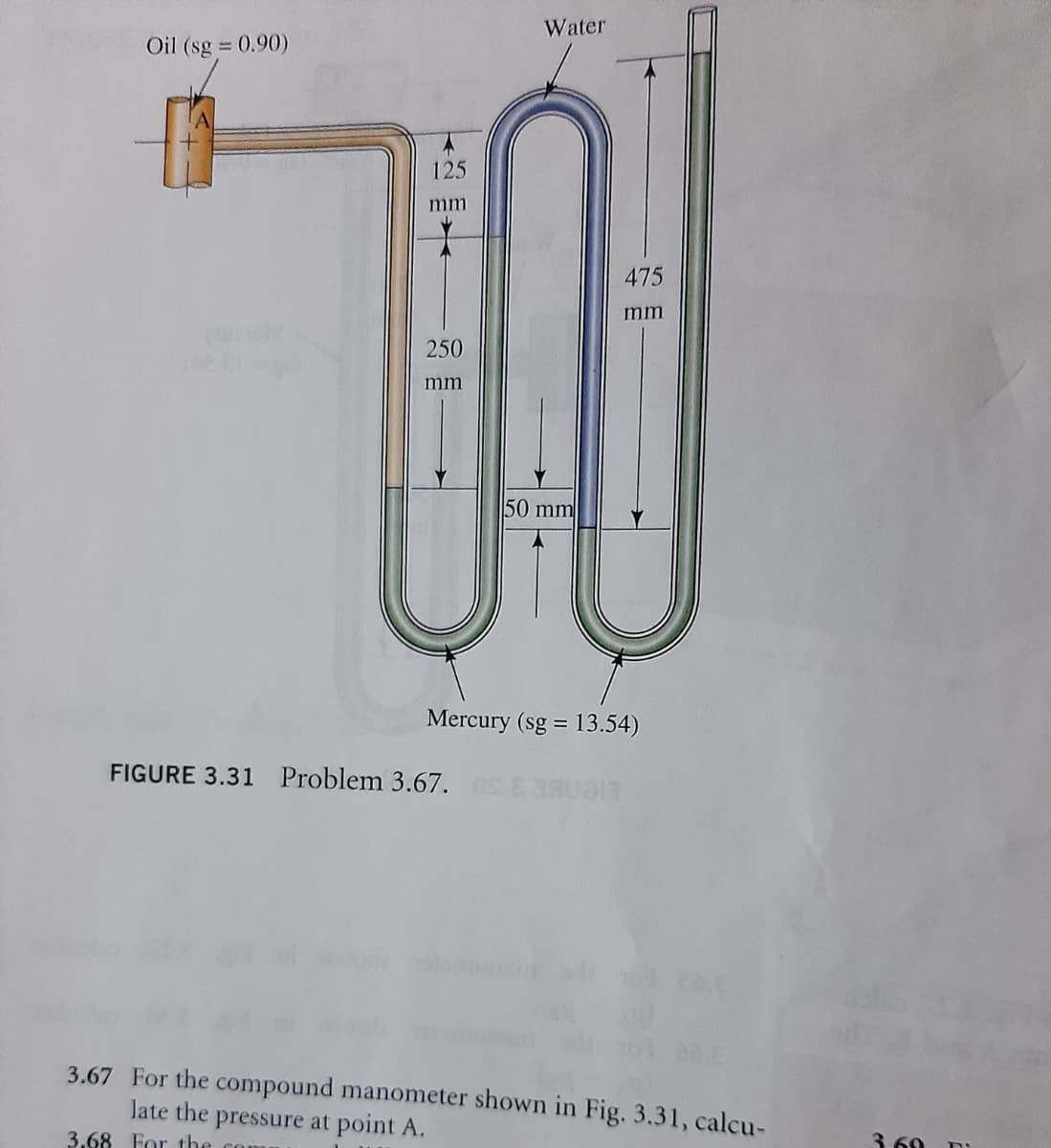 Water
Oil (sg 0.90)
125
mm
475
mm
250
mm
50 mm
Mercury (sg = 13.54)
FIGURE 3.31 Problem 3.67.
3.67 For the compound manometer shown in Fig. 3.31, calcu-
late the pressure at point A.
3.68
For the
3. 60
