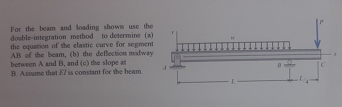 For the beam and loading shown use the
double-integration method
the equation of the elastic curve for segment
AB of the beam, (b) the deflection midway
between A and B, and (c) the slope at
B. Assume that El is constant for the beam.
to determine (a)
L.
