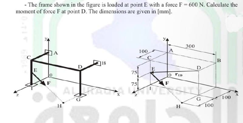 - The frame shown in the figure is loaded at point E with a force F = 600 N. Calculate the
moment of force F at point D. The dimensions are given in [mm].
300
|A
100
A
B
B
E
E
D.
75
o rED
75
AL
100
G.
100
H
H
