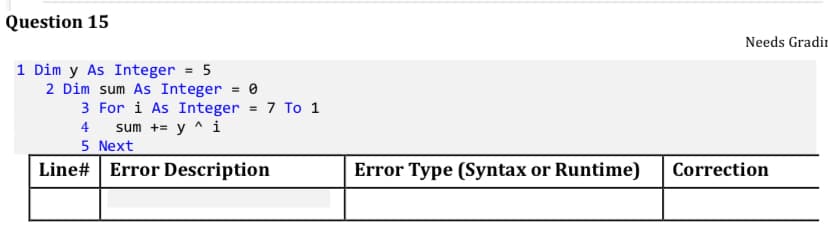 Question 15
Needs Gradir
1 Dim y As Integer = 5
2 Dim sum As Integer
3 For i As Integer = 7 To 1
sum += y ^ i
5 Next
Line# Error Description
%3D
= 0
4
Error Type (Syntax or Runtime)
Correction
