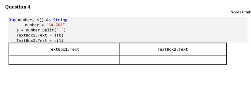 Question 4
Needs Gradi
Dim number, s() As String
number = "54.768"
s = number.Split(".")
TextBox1. Text = s(0)
TextBox2. Text = s(1)
TextBox1. Text
TextBox2.Text
