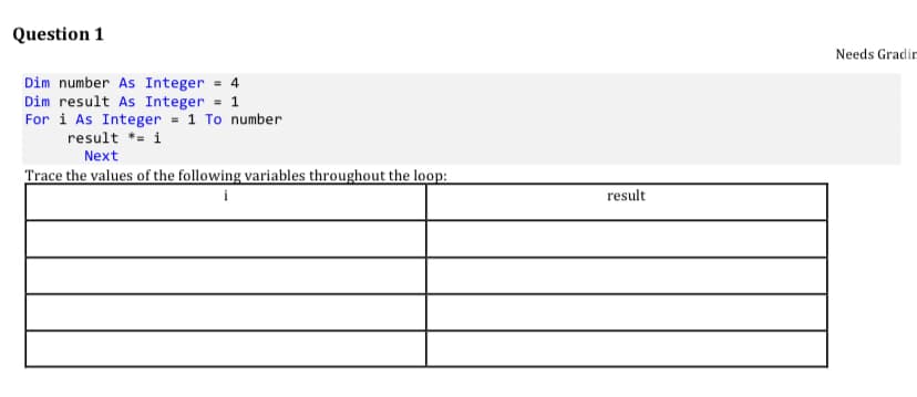 Question 1
Needs Gradir
Dim number As Integer = 4
Dim result As Integer = 1
For i As Integer = 1 To number
result *= i
Next
Trace the values of the following variables throughout the loop:
result
