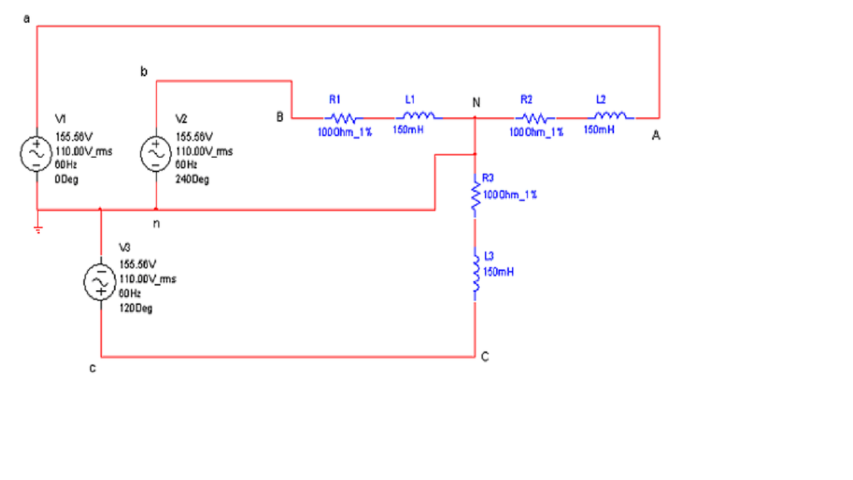 b
RI
L1
N
R2
L2
-w-
1000hm_1%
155.50V
150mH
100 Ohm_1%
150mH
A
155.56V
110.00V ms
00 H2
240Deg
110.00V_ms
ODeg
R3
1000hm_1%
n
L3
155.50V
150mH
110.00V_ms
00H:
120Deg
